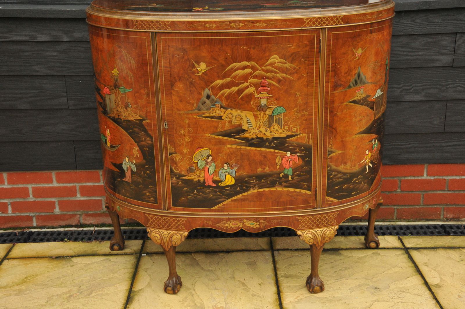 Antique C.1910 Chinoiserie Demi Lune Cabinet Hand Painted Gilt Asian Decor photo vintage