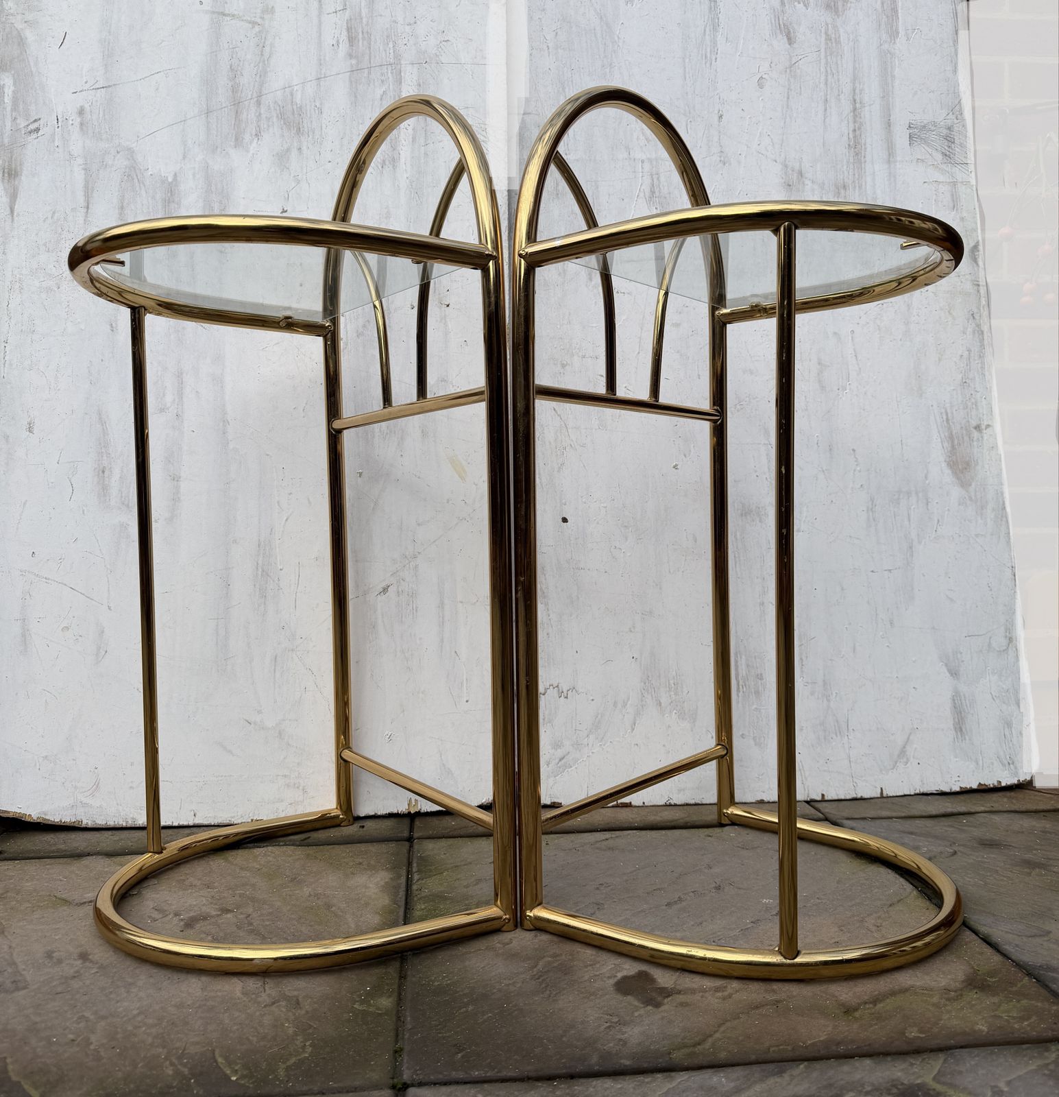 photo for sale Elegant Pair Of 80s Art Deco Brass & Glass Top Bedside / Side Tables   Great Condition