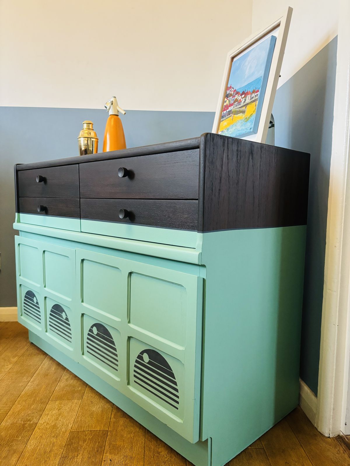 Vintage Nathan Squares Drinks Sideboard F&B Arsenic Green And Grain photo for sale