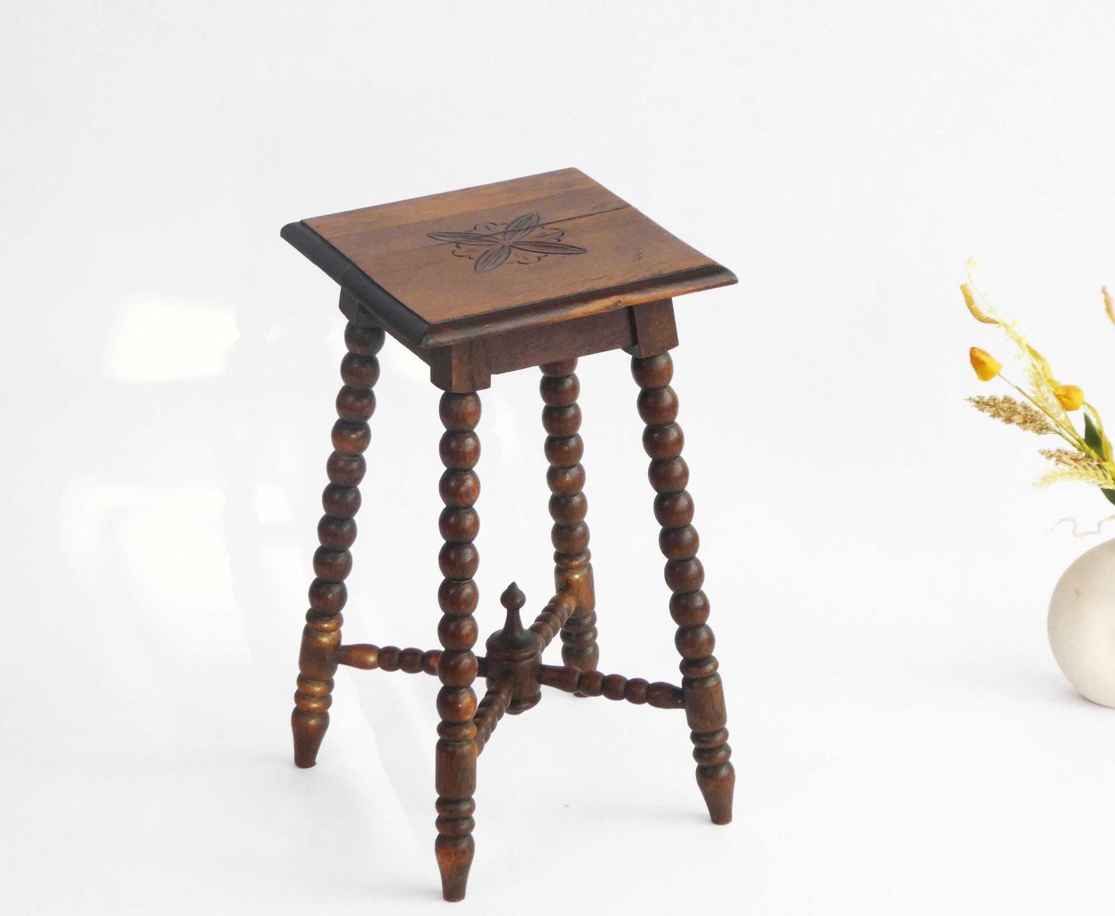 Antique Wooden Bobbin Carved Stool, Rectangular Small Floral Plant Stand
