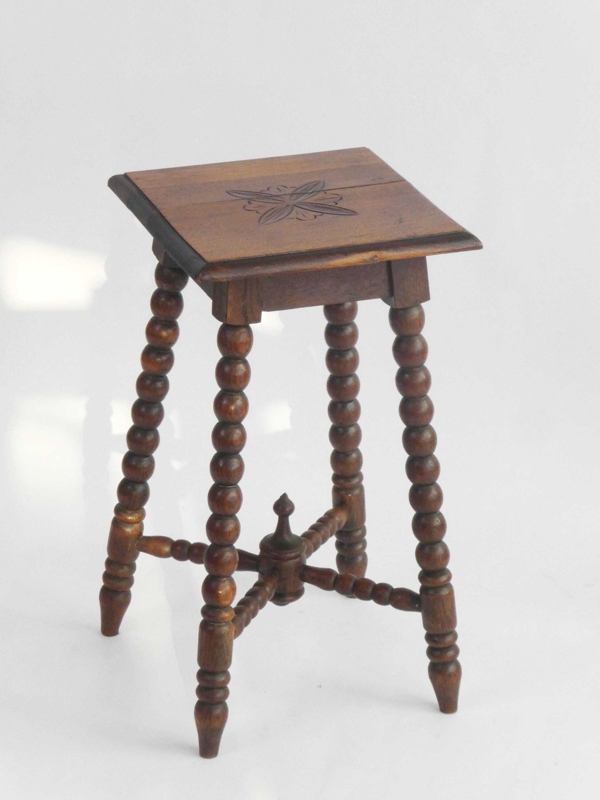 Antique Wooden Bobbin Carved Stool, Rectangular Small Floral Plant Stand photo furniture