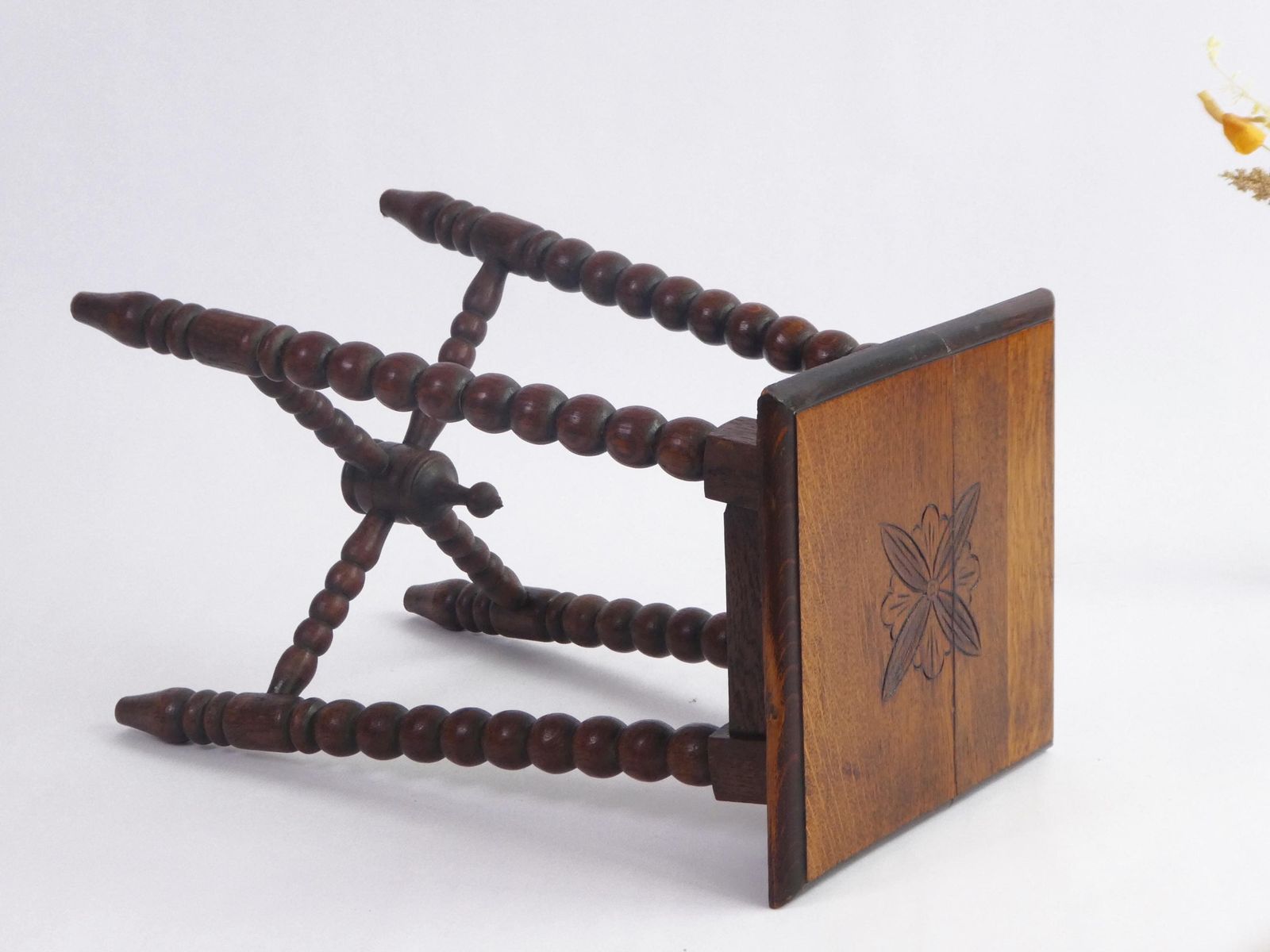 Antique Wooden Bobbin Carved Stool, Rectangular Small Floral Plant Stand photo 273.0