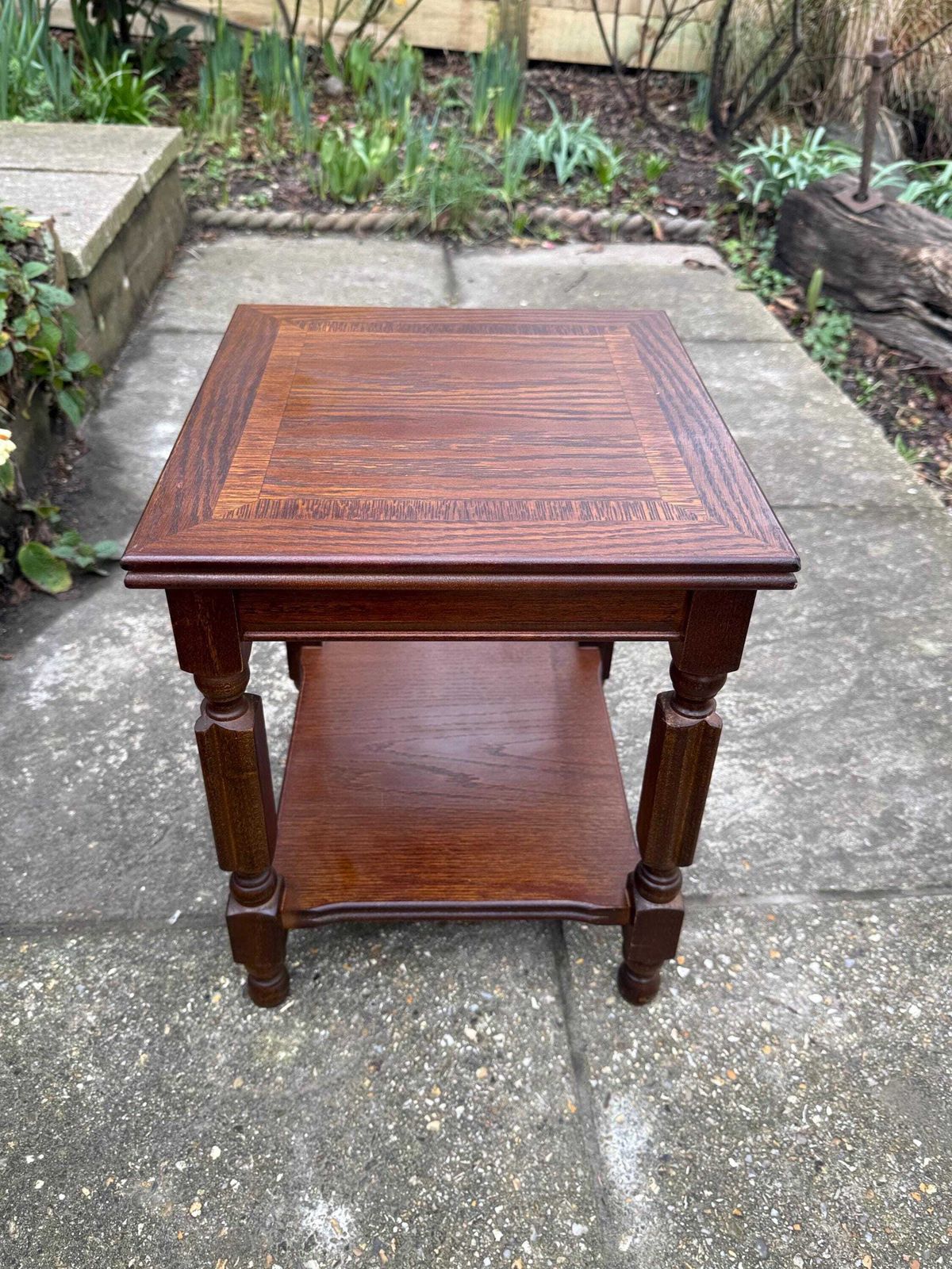 1980s Traditional Revival Wooden Side Table With Attractive Detailed Top And Turned Legs, Neo Traditional Occasional Table photo furniture