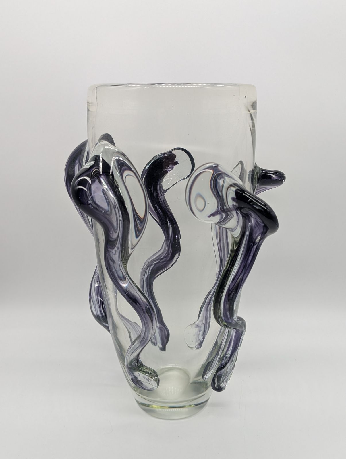 photo for sale Large Murano Style “Tadpole” Trailed Glass Vase – Amethyst Purple, 30cm