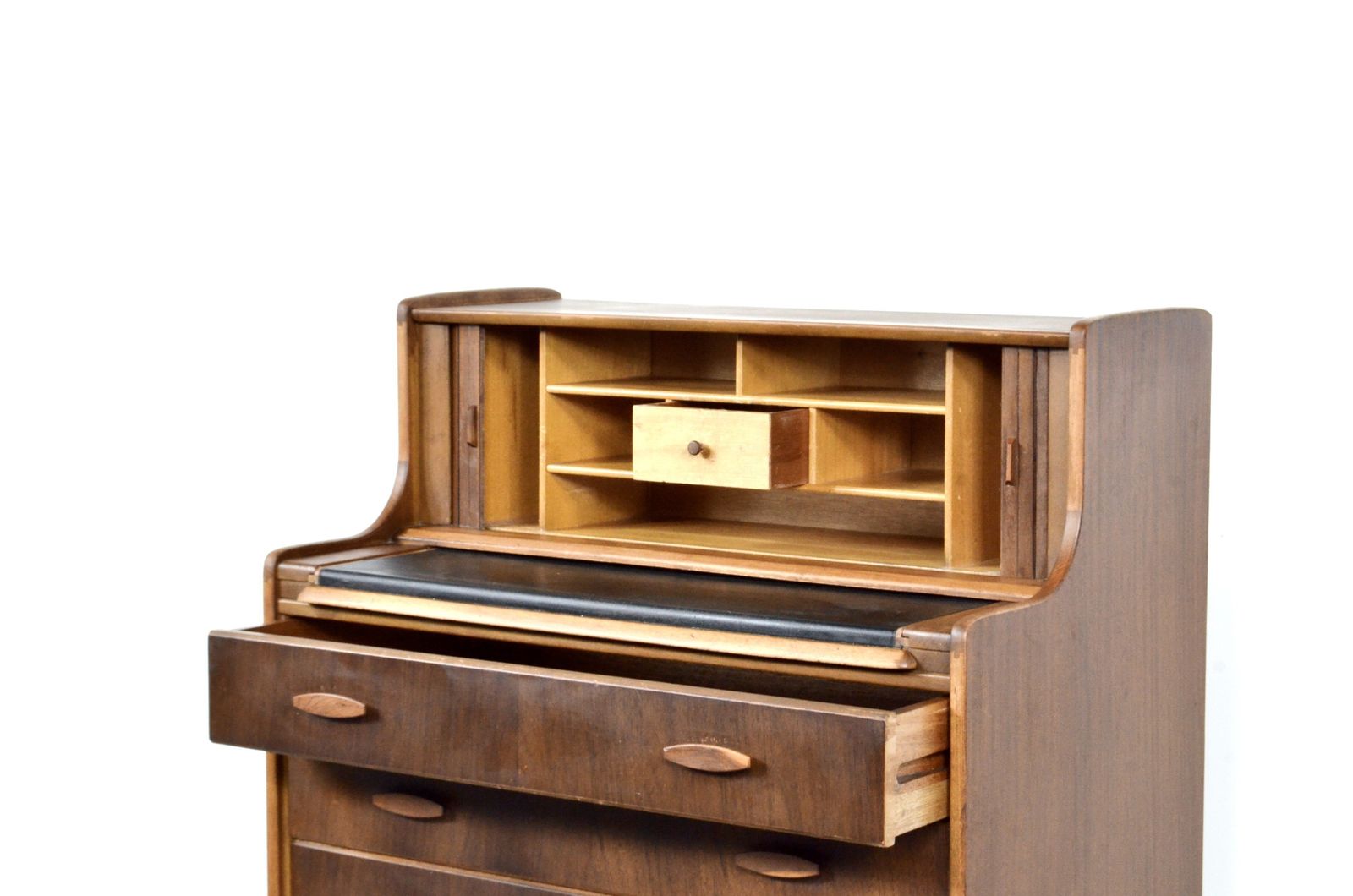 Vintage Midcentury Teak And Walnut Desk Bureau With Tambour Doors By Welters Of Wycombe photo for sale