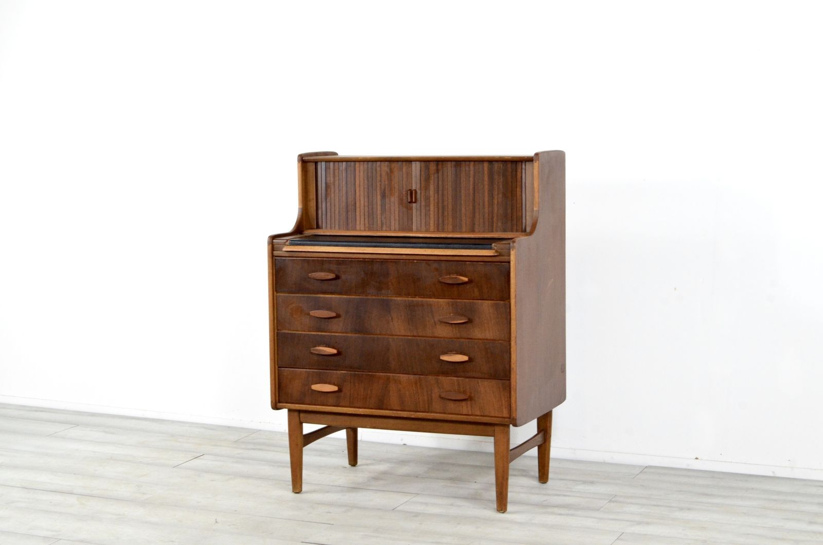 Vintage Midcentury Teak And Walnut Desk Bureau With Tambour Doors By Welters Of Wycombe photo vinterior