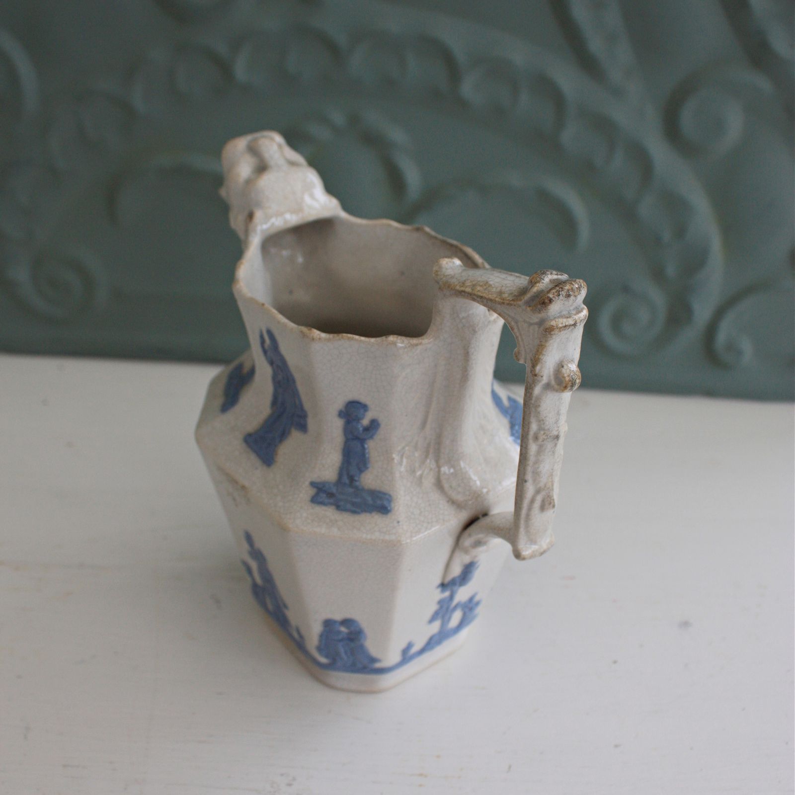 Antique Staffordshire Porcelain Pitcher Blue On White With Lion Head Spout photo vinterior
