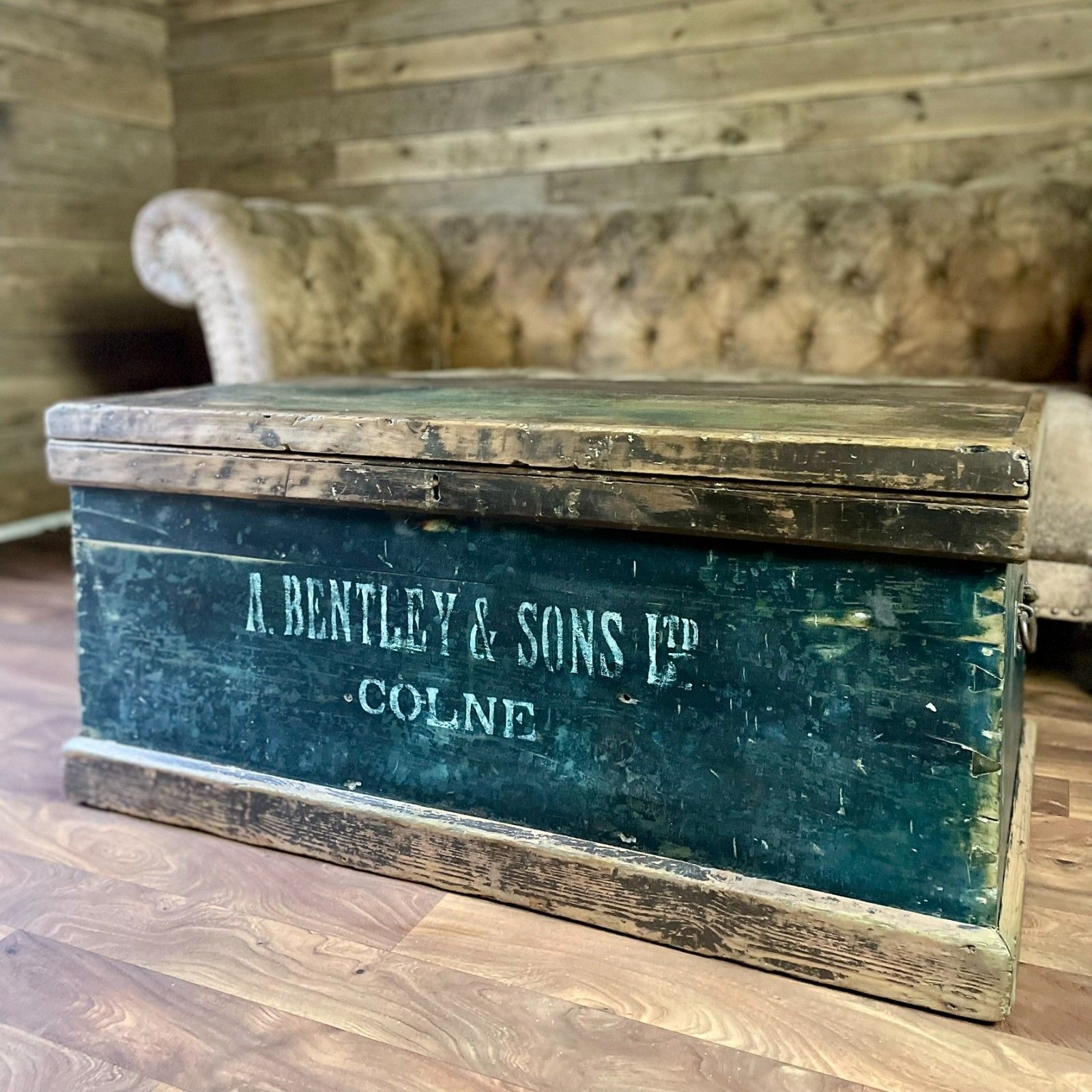 Antique Carpenters Industrial Chest, Large Wooden Storage Trunk & Key