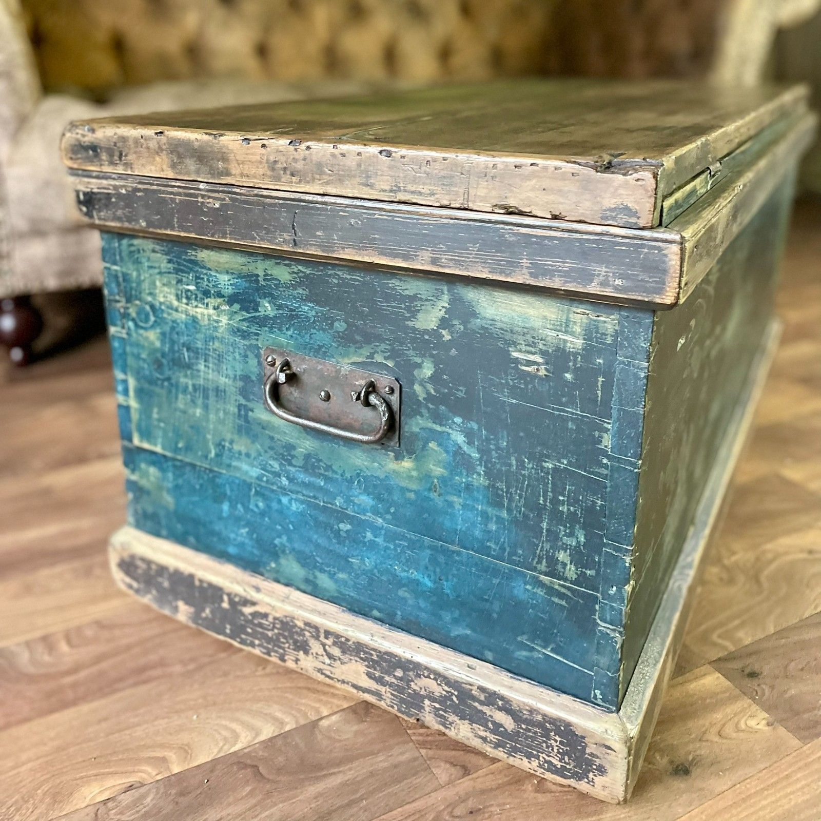 Antique Carpenters Industrial Chest, Large Wooden Storage Trunk & Key photo vintage
