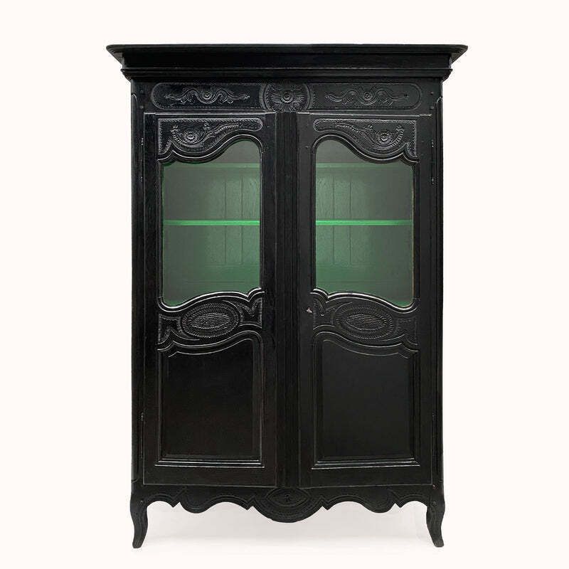 19e Eeuwse Zwarte Vitrinekledingkast (Huwelijksarmoire)