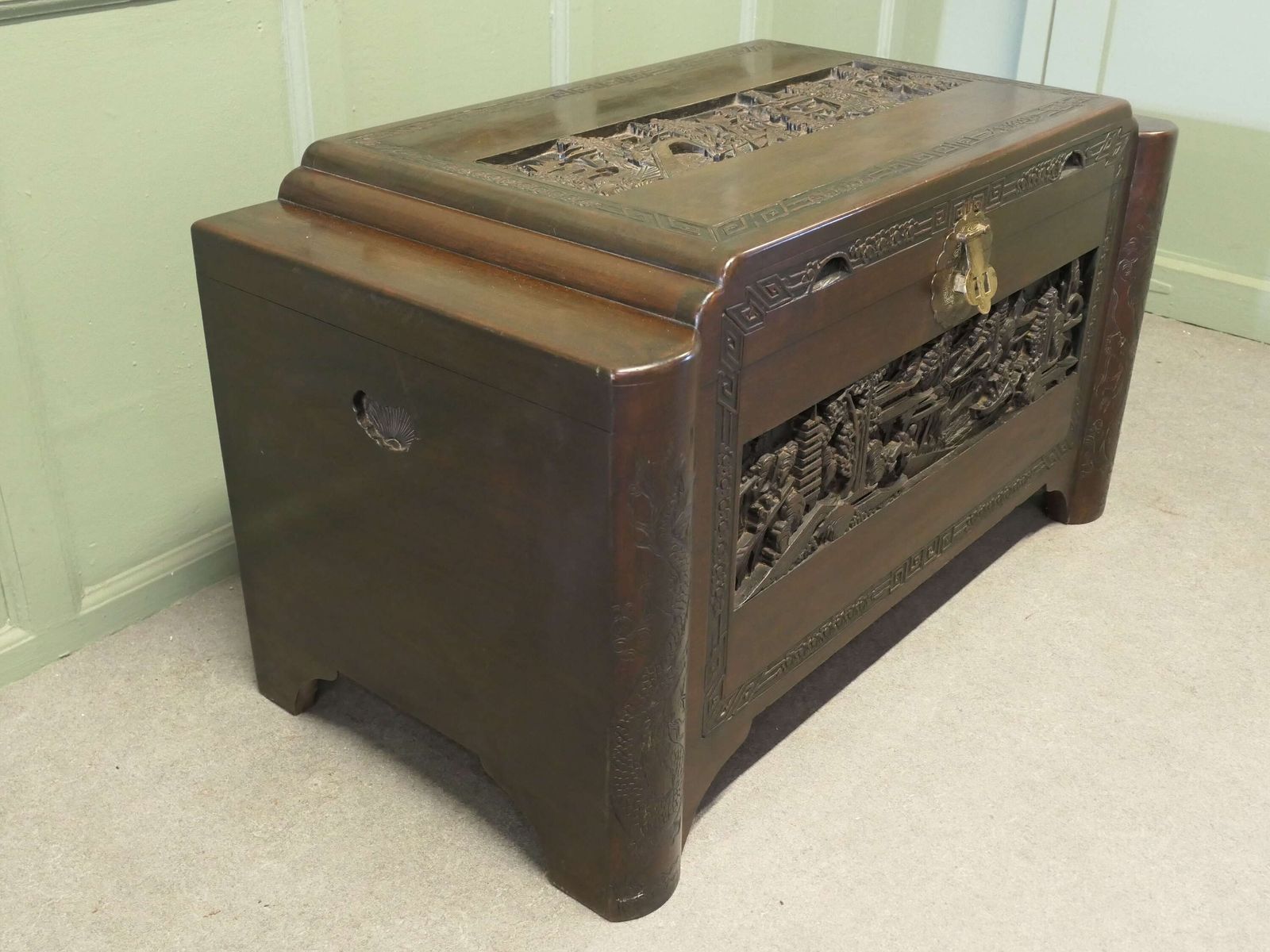 Art Deco Oriental Carved Camphor Wood Chest Beautiful Carved Chest
