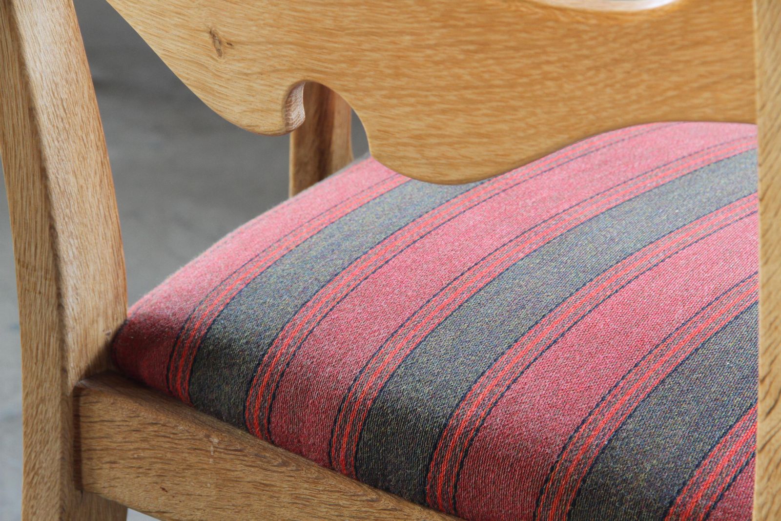 1420.0 Vintage Brutalist Oak Razorblade Red Striped Armchair By H. Kjærnulf, 1960s photo