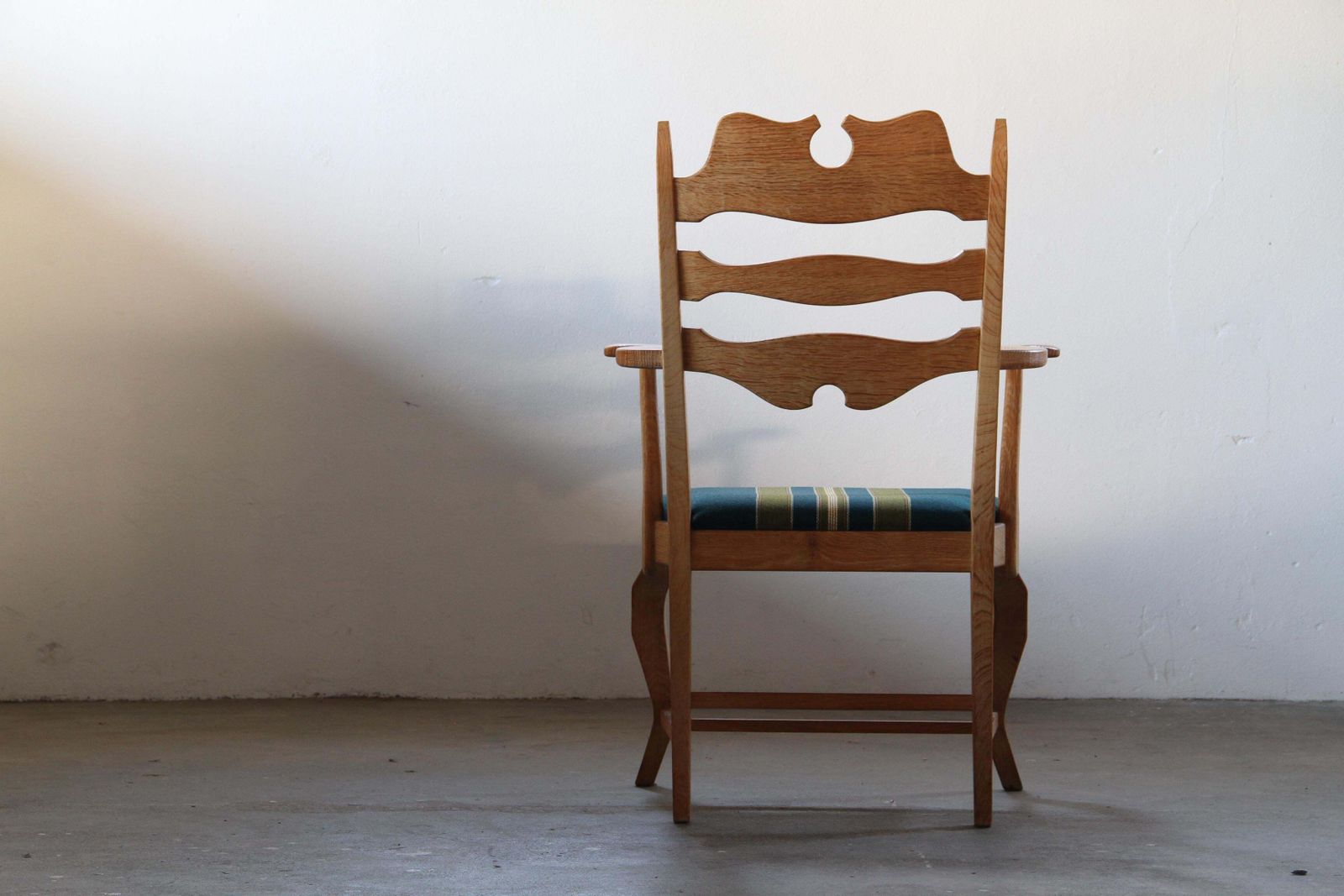 Furniture Vintage Brutalist Oak Razorblade Green Striped Armchair By H. Kjærnulf, 1960s photo