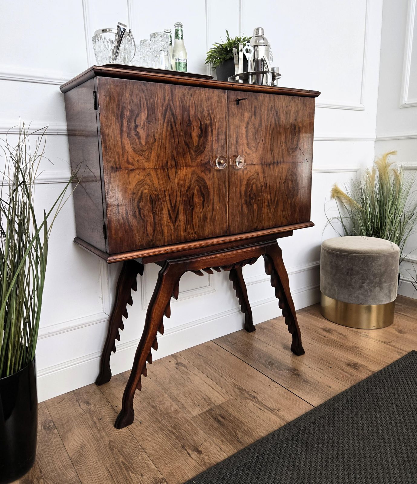 1950s Art Deco Midcentury Italian Walnut Mirror Mosaic Sideboard Bar Cabinet photo Furniture