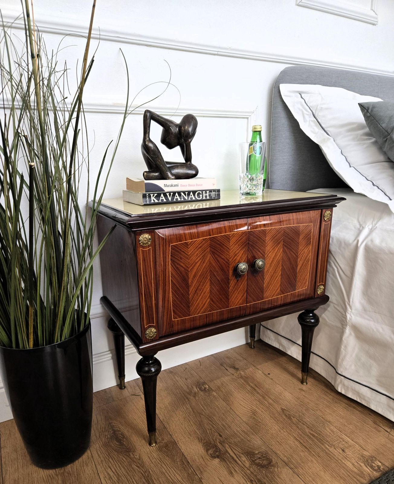 Pair Of Mid Century Italian Art Deco Nightstands Bedside Tables Walnut Glass Top photo for sale