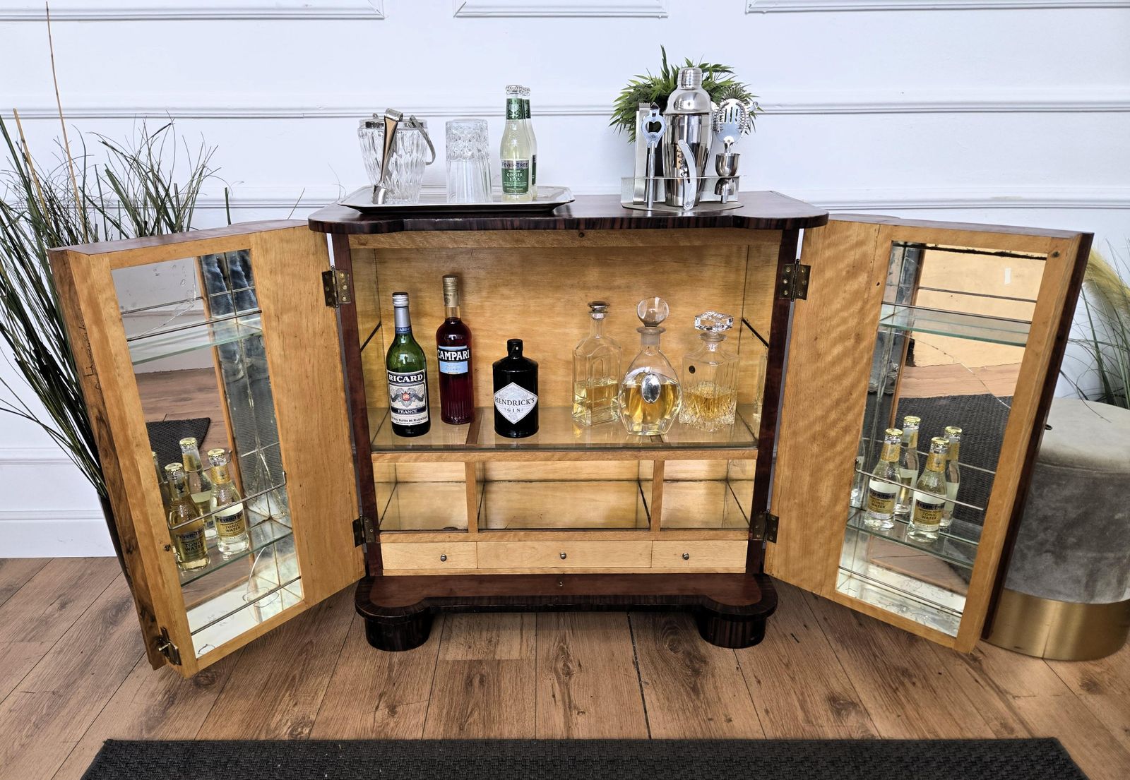 1950s Art Deco Mid Century Modern Italian Walnut Burl Glass Top Dry Bar Cabinet photo Furniture