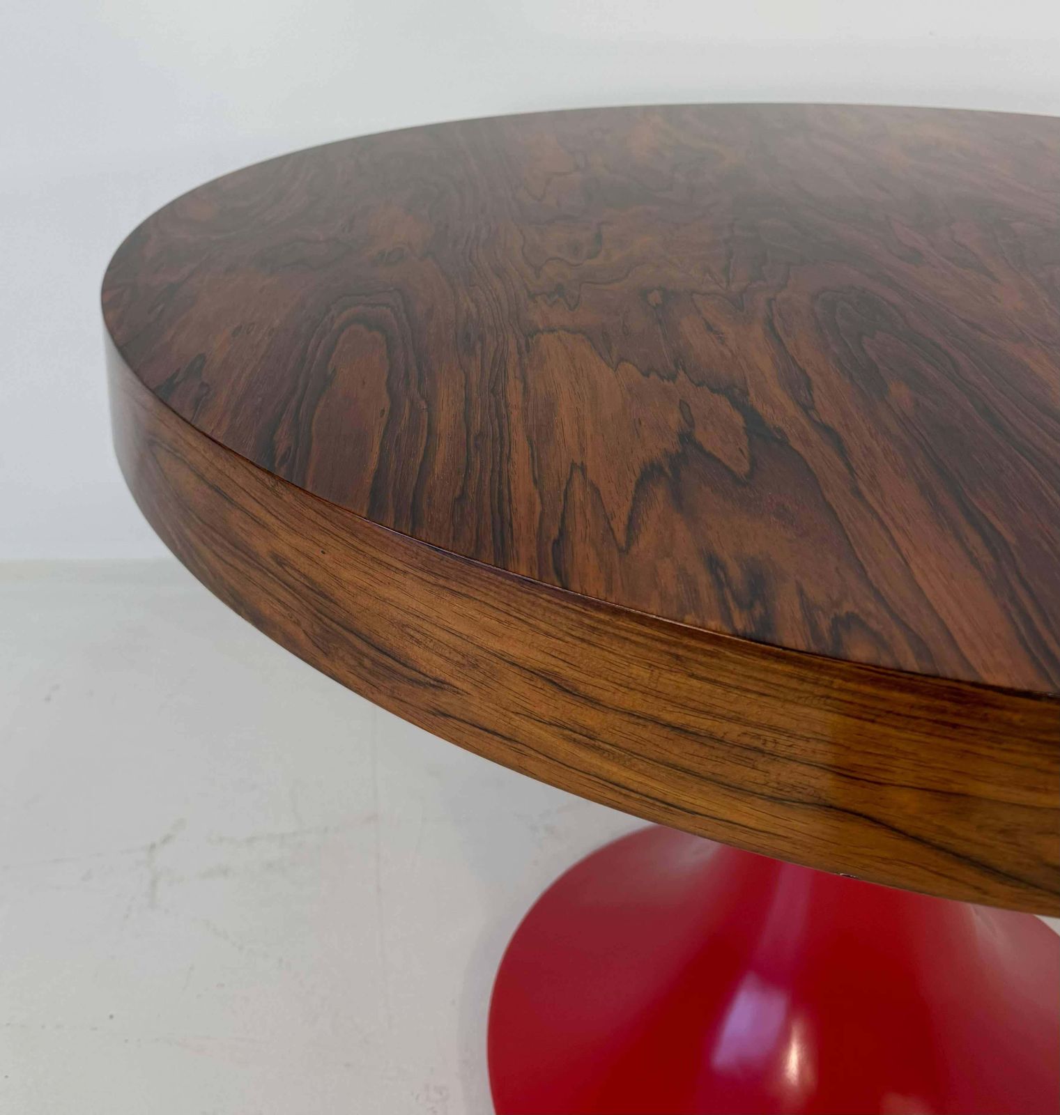 photo for sale Italian Art Deco Round Table In Ziricote Wood With Red Lacquered Base, 1950s