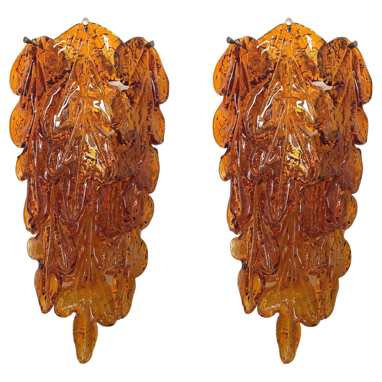 Italian Midcentury Pair Of Amber Murano Leaf Wall Sconces By Mazzega, 1970s