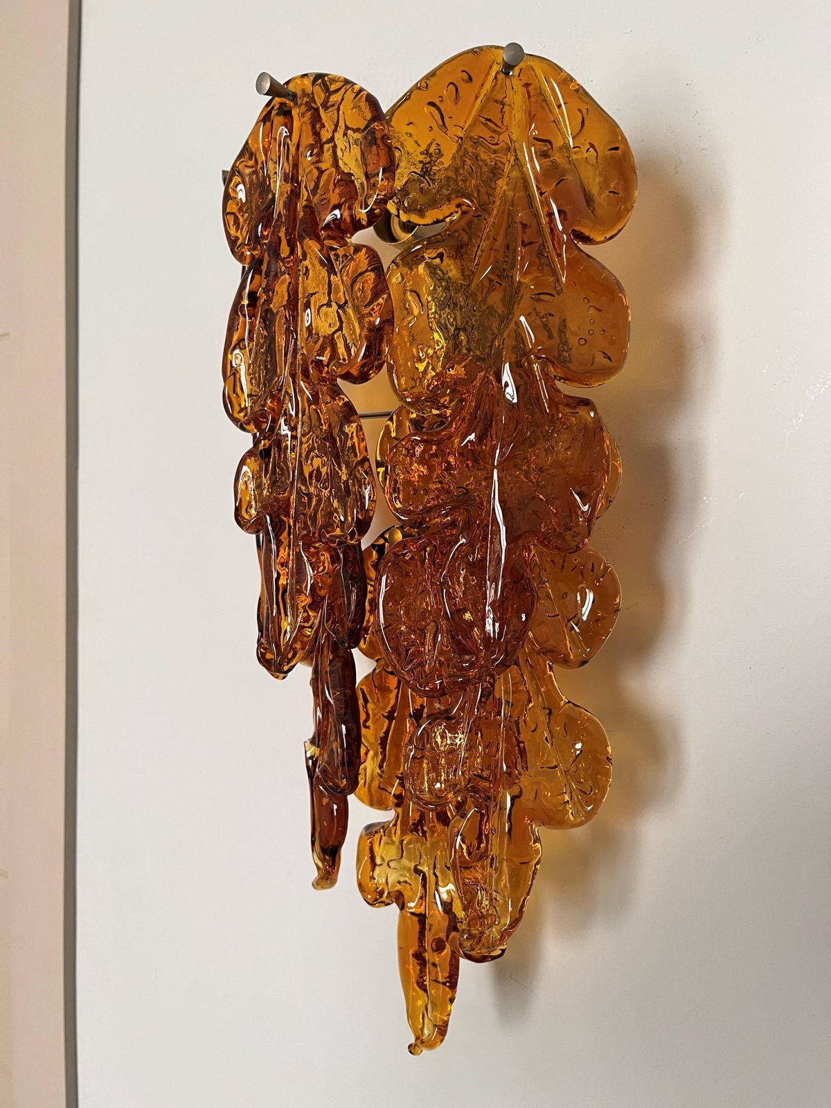 Italian Midcentury Pair Of Amber Murano Leaf Wall Sconces By Mazzega, 1970s photo for sale