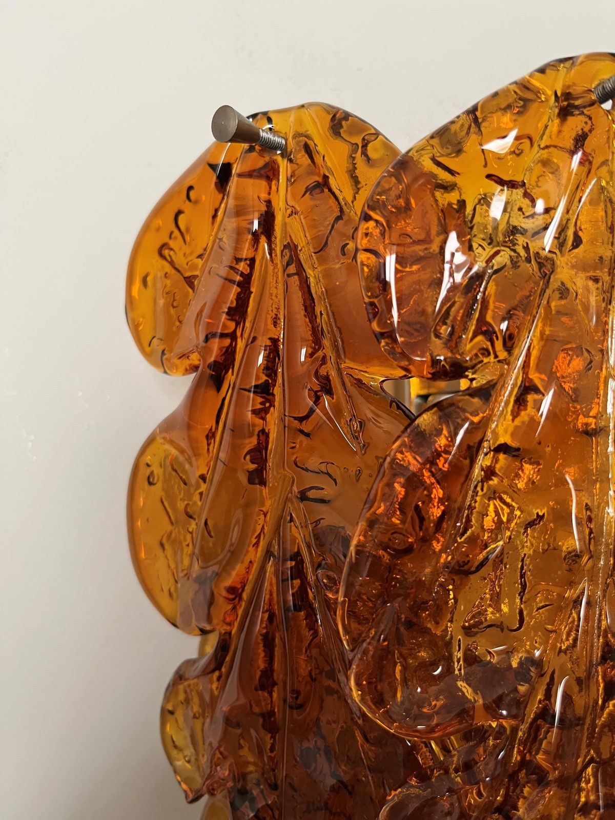2334.0 Italian Midcentury Pair Of Amber Murano Leaf Wall Sconces By Mazzega, 1970s photo