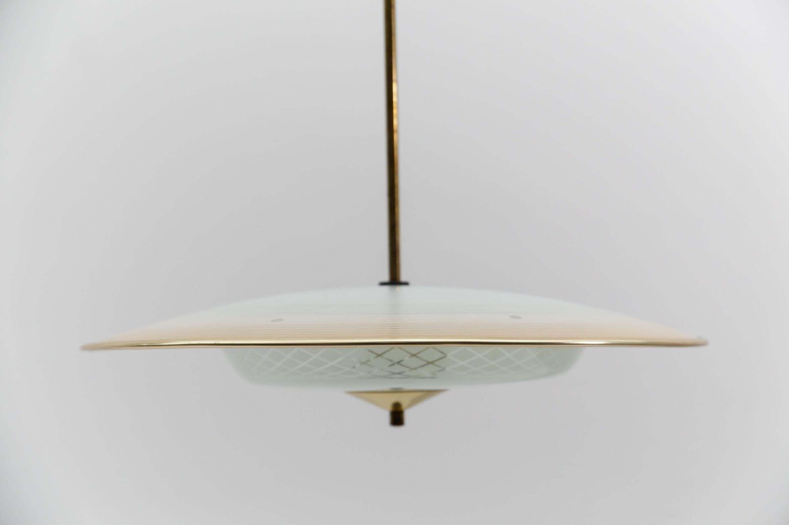 Beautiful Mid Century Modern Hanging Lamp In Glass And Brass, 1950s photo vinterior