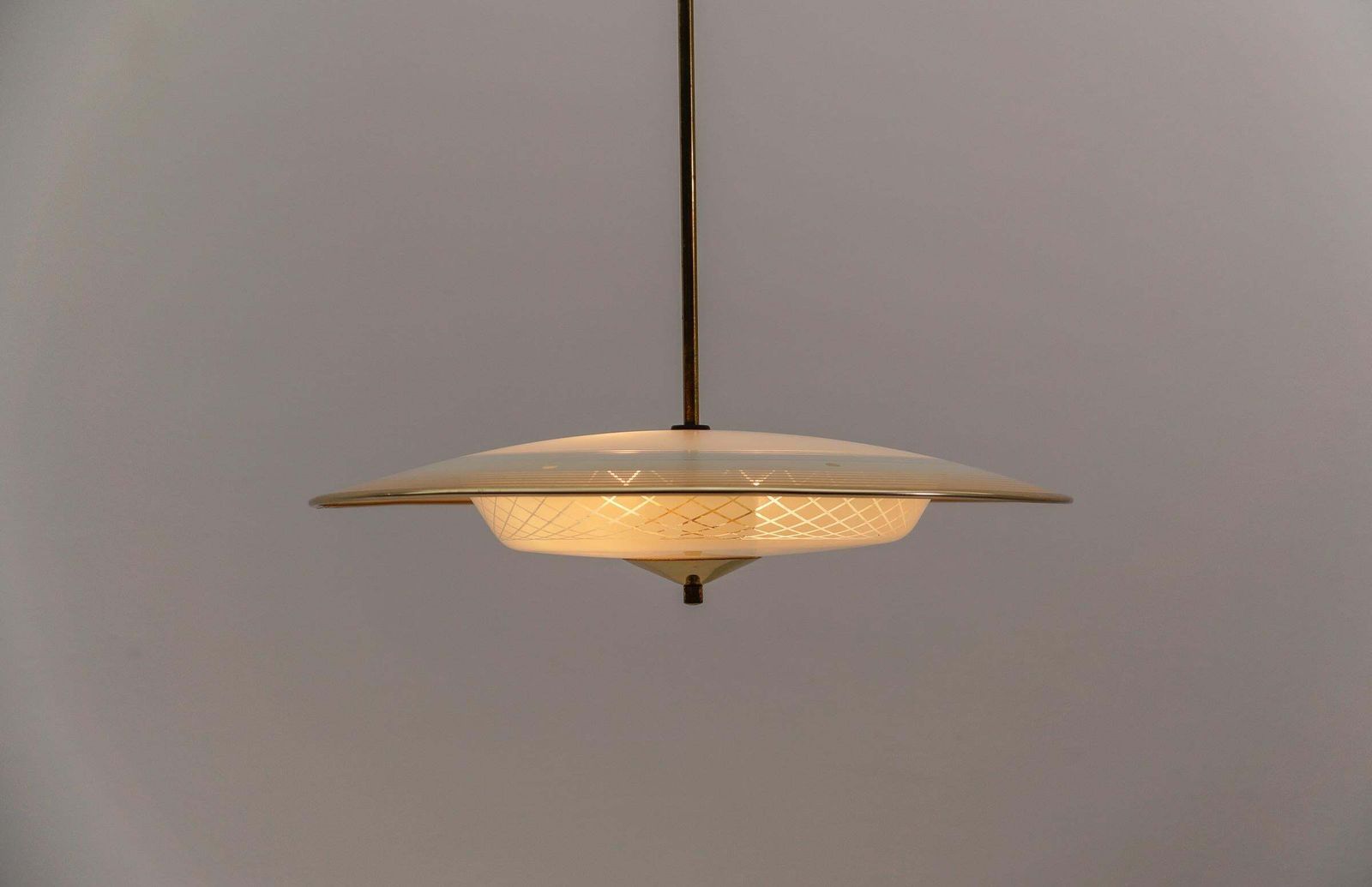 Beautiful Mid Century Modern Hanging Lamp In Glass And Brass, 1950s photo buy