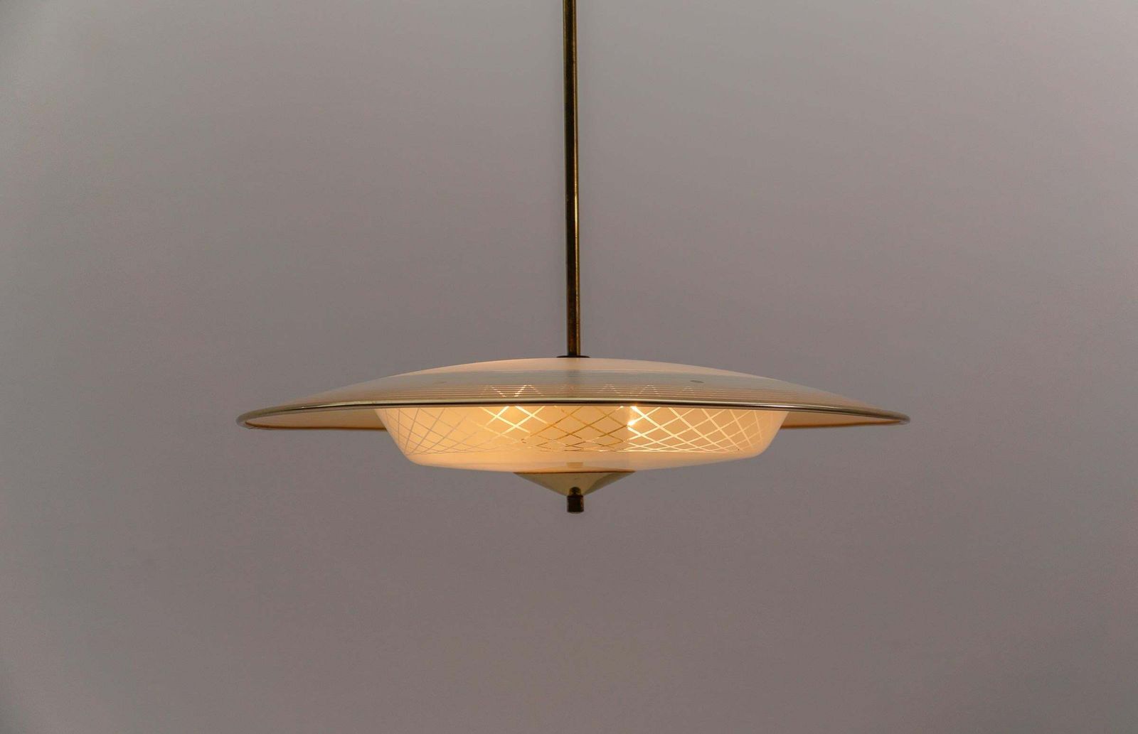 Beautiful Mid Century Modern Hanging Lamp In Glass And Brass, 1950s photo vintage