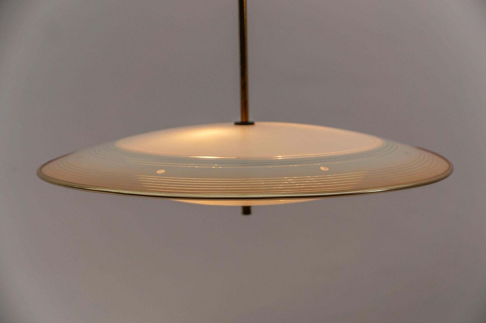 photo vintage Beautiful Mid Century Modern Hanging Lamp In Glass And Brass, 1950s