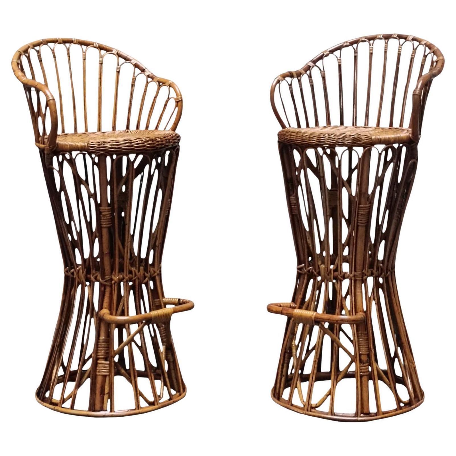 Tito Agnoli Style Pair Of Woven Rattan Stools, Italy 1960s