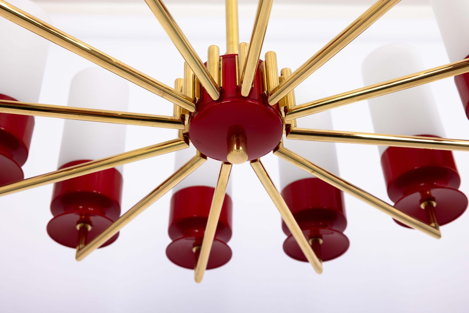 Large Stunning Kaiser Red Sputnik Opal Glass Chandelier, Germany, 1960s photo vinterior