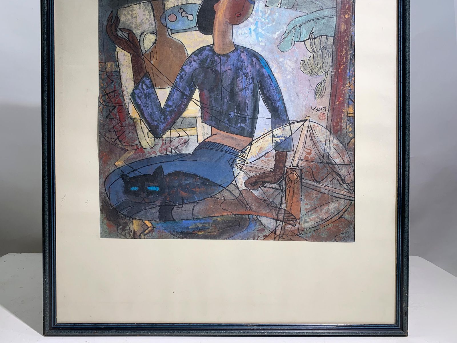 "The Weaver’s Companion" Mixed Media Painting Signed "Yang", Circa 1990's photo 2834.0