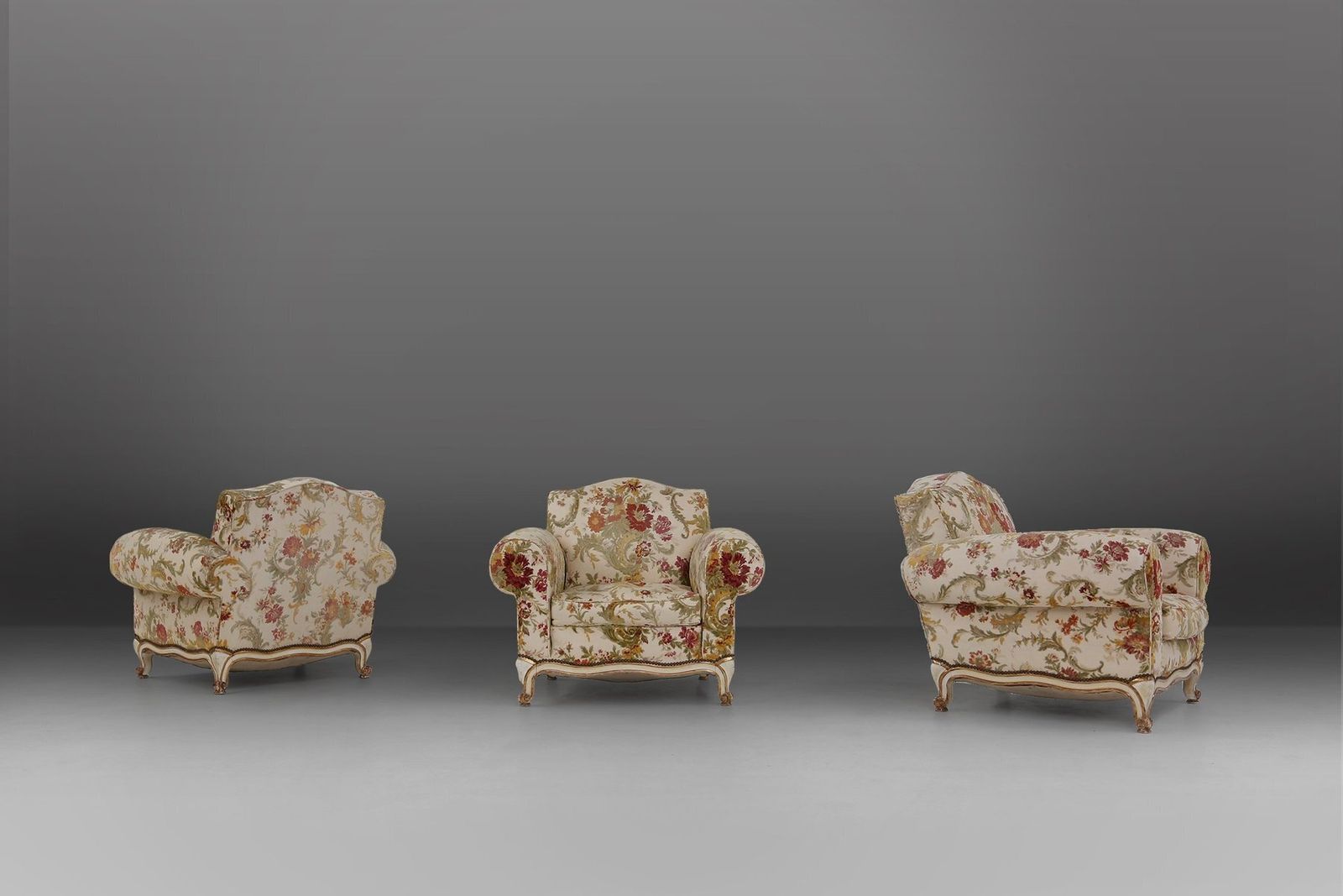 photo furniture Sculptural Lounge Armchair With Floral Upholstery, France, 1950s