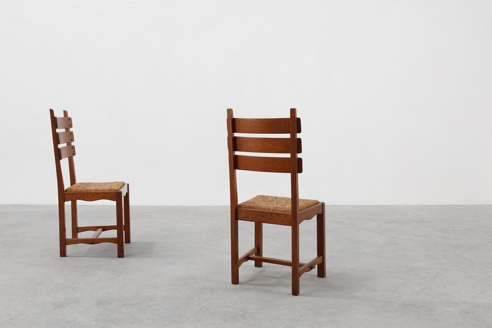 Mid Century Modern Brutalist Oak And Wicker Chairs, 1960s, Set Of 2 photo for sale