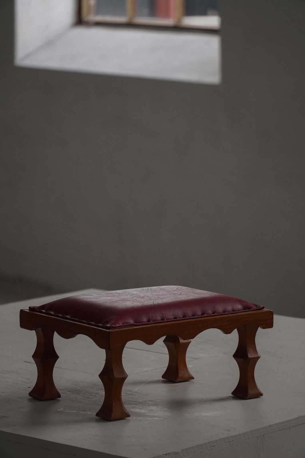 Danish, Mid 20th Century, Carved Oak Footstool With Red Leather Seat, 1950s photo for sale