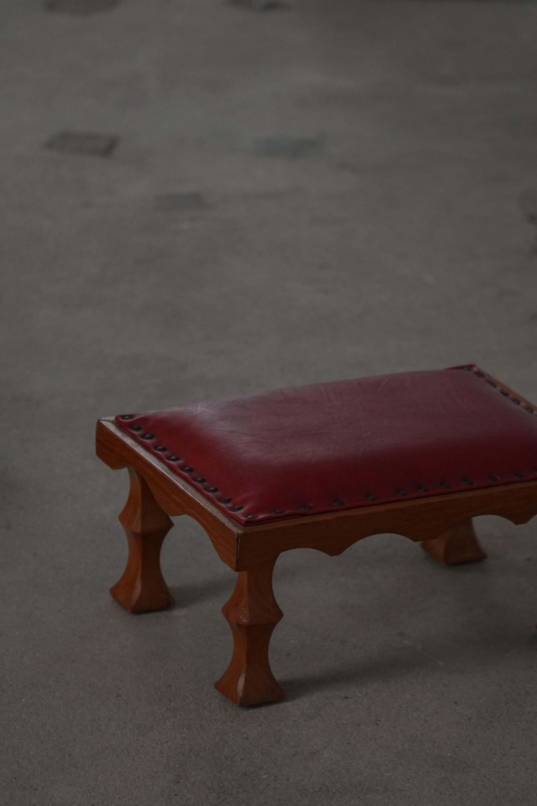 Danish, Mid 20th Century, Carved Oak Footstool With Red Leather Seat, 1950s photo vinterior