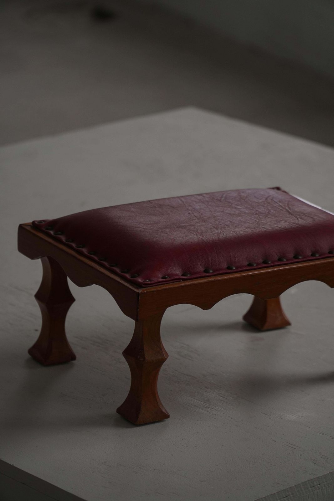 photo for sale Danish, Mid 20th Century, Carved Oak Footstool With Red Leather Seat, 1950s