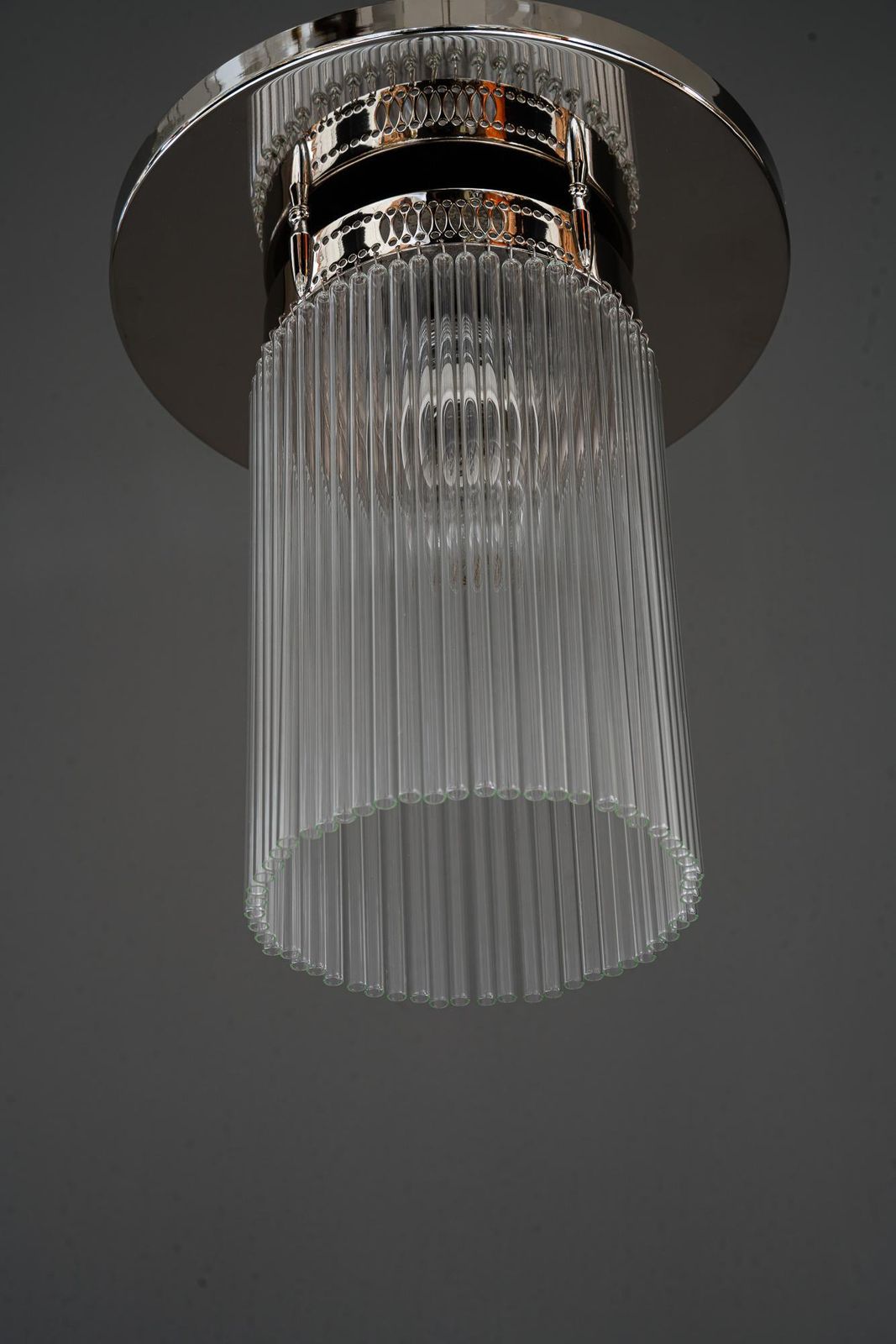 Art Deco Nickel Plated Ceiling Lamp With Glass Sticks Vienna Around 1920s photo 445.0