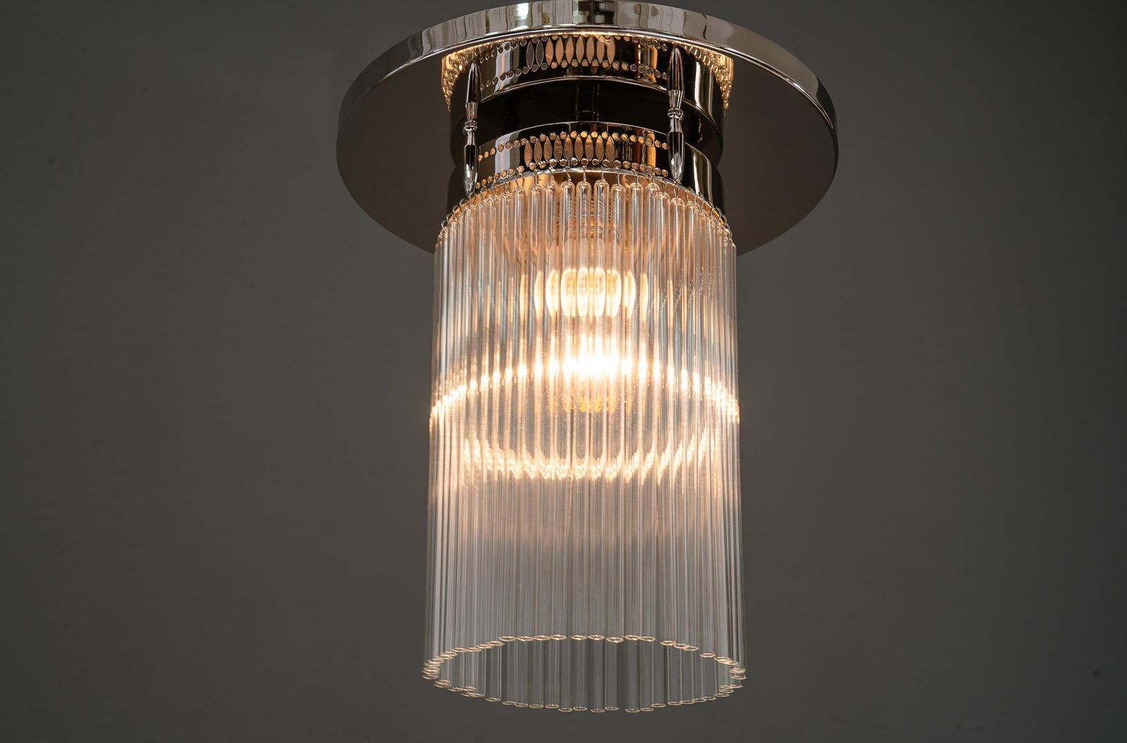 Art Deco Nickel Plated Ceiling Lamp With Glass Sticks Vienna Around 1920s photo vintage