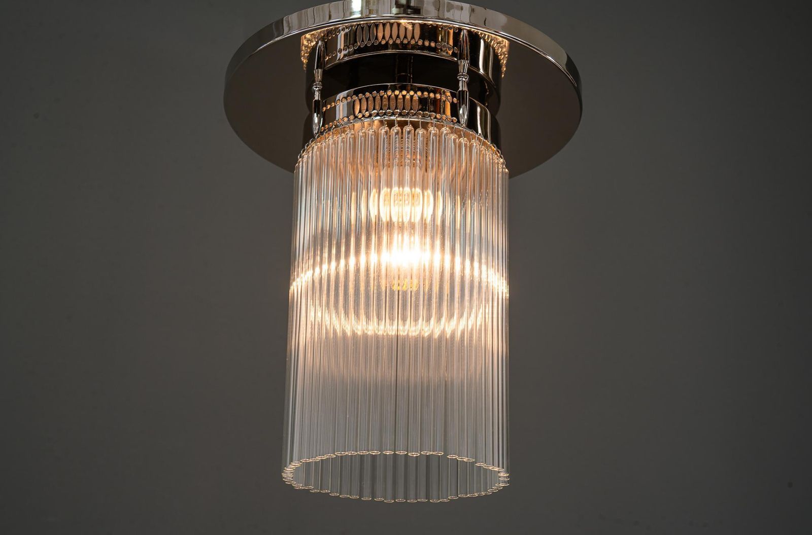 Lighting Art Deco Nickel Plated Ceiling Lamp With Glass Sticks Vienna Around 1920s photo