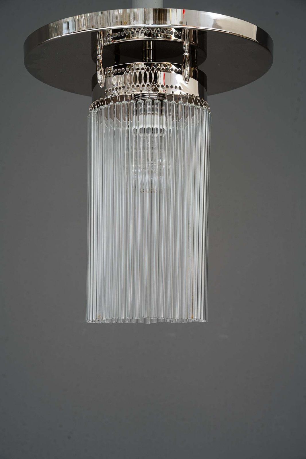 Art Deco Nickel Plated Ceiling Lamp With Glass Sticks Vienna Around 1920s photo furniture