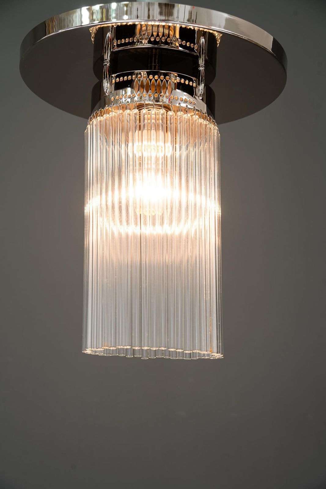 Art Deco Nickel Plated Ceiling Lamp With Glass Sticks Vienna Around 1920s photo vintage