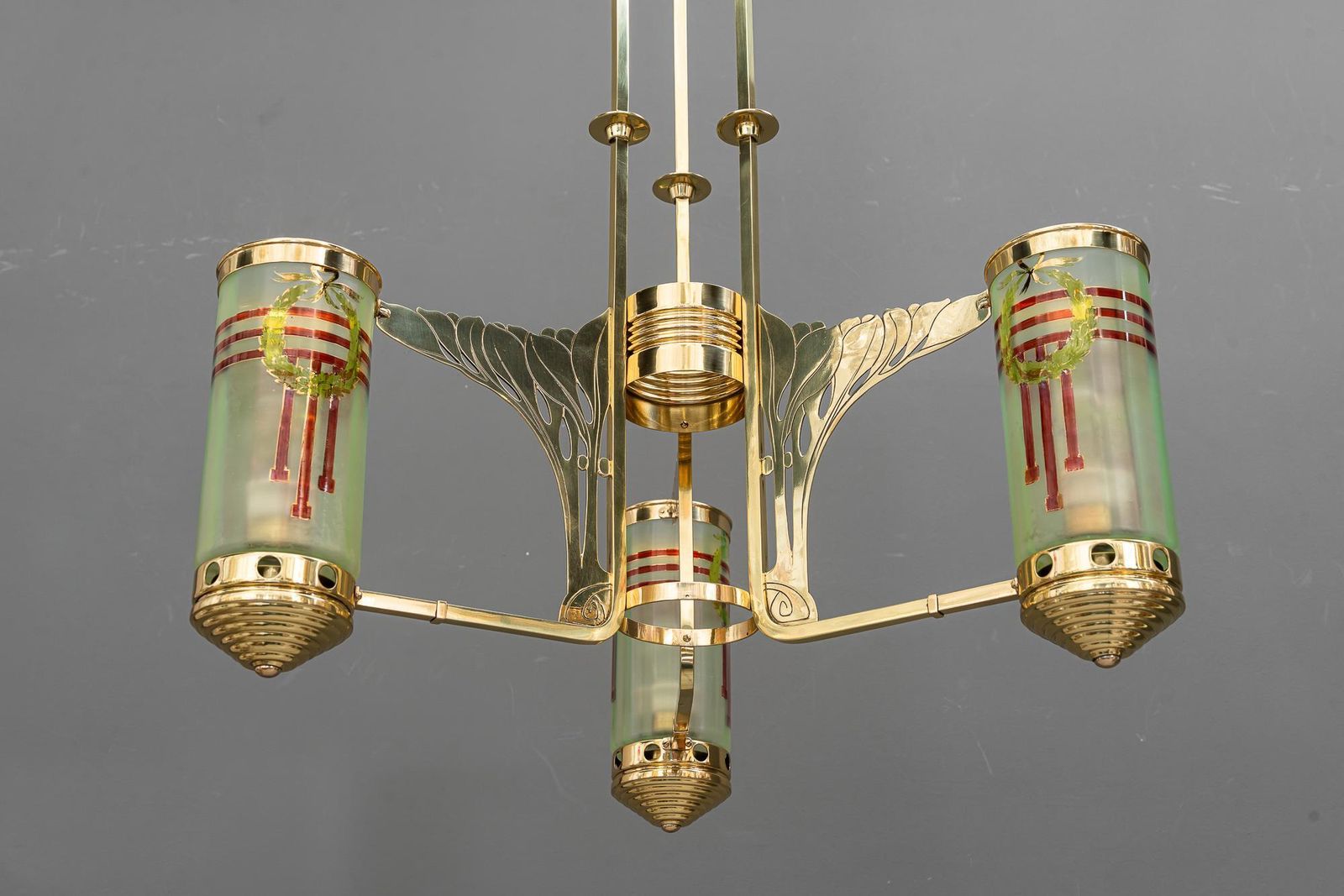 Lighting Jugendstil Chandelier With Original Painted Opaline Glass Vienna Around 1908 photo