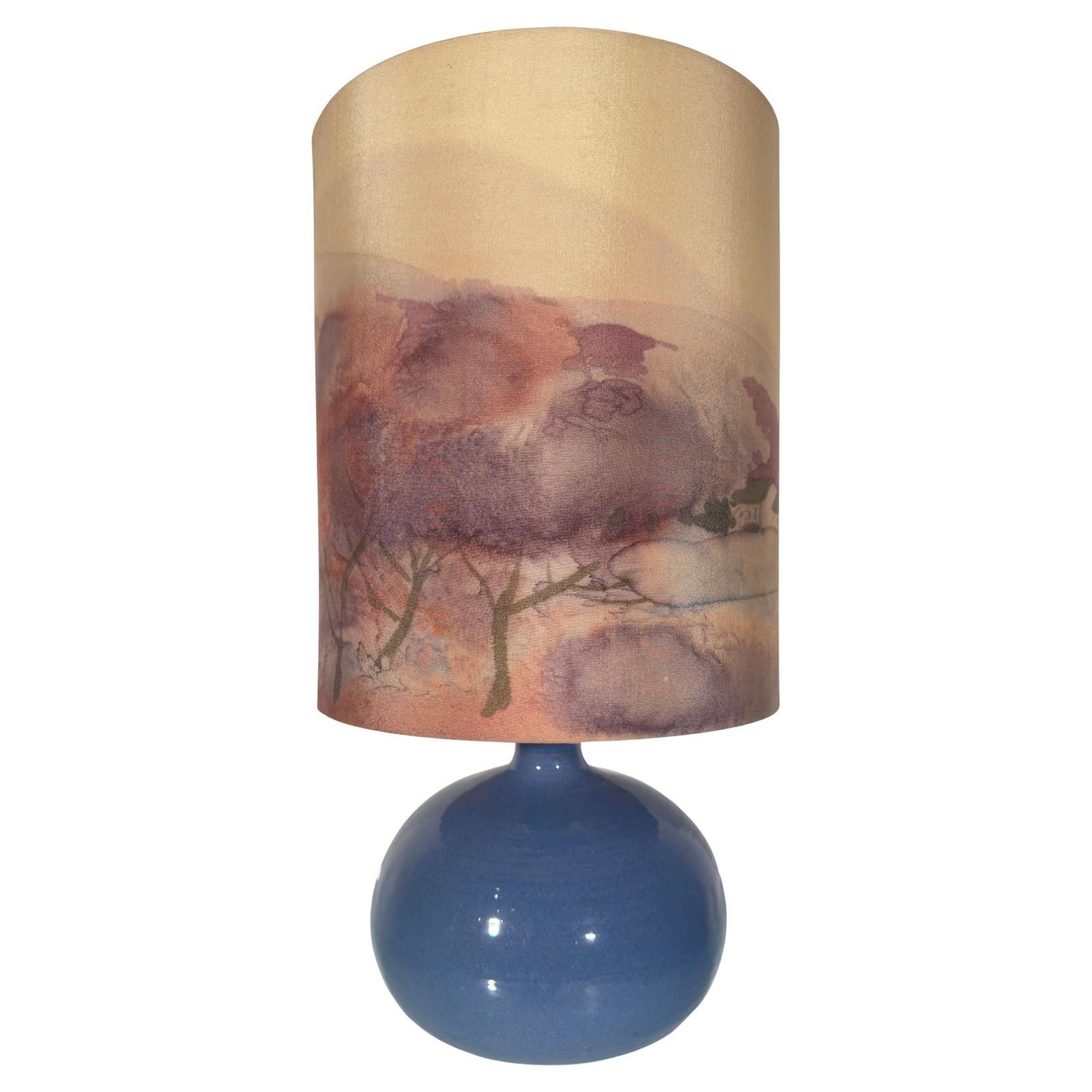 Set Of Two Table Lamps With Silk Landscape Shades, 1970s photo Lighting