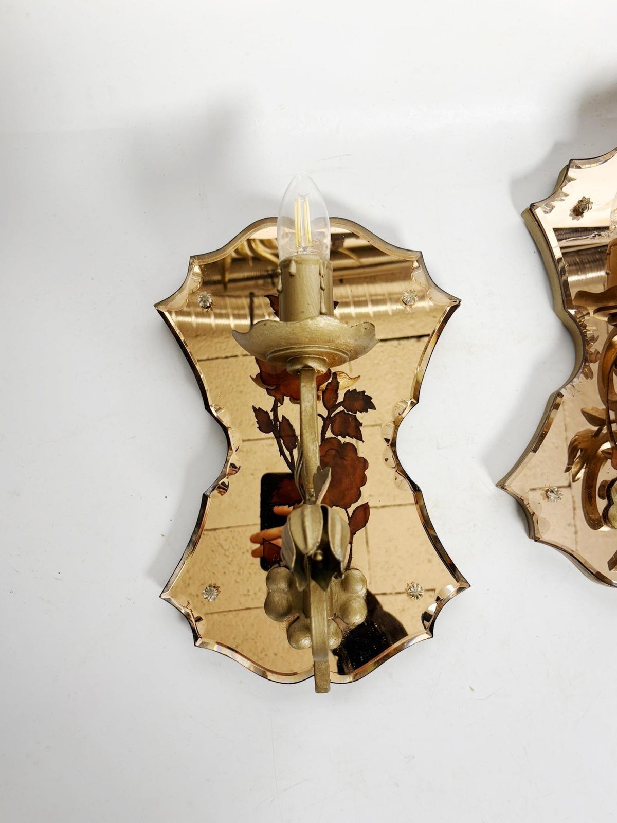 photo for sale Pair Of Art Deco Wall Sconces In Patinated Gold Metal And Glass, France, 1950