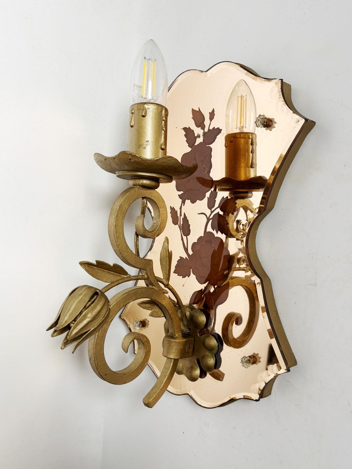 470.0 Pair Of Art Deco Wall Sconces In Patinated Gold Metal And Glass, France, 1950 photo