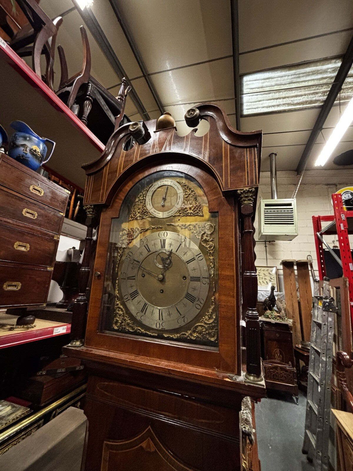 photo for sale Antique Marquetry Inlaid 3 Weight Musical Longcase Clock, Brass Dial, Superb.