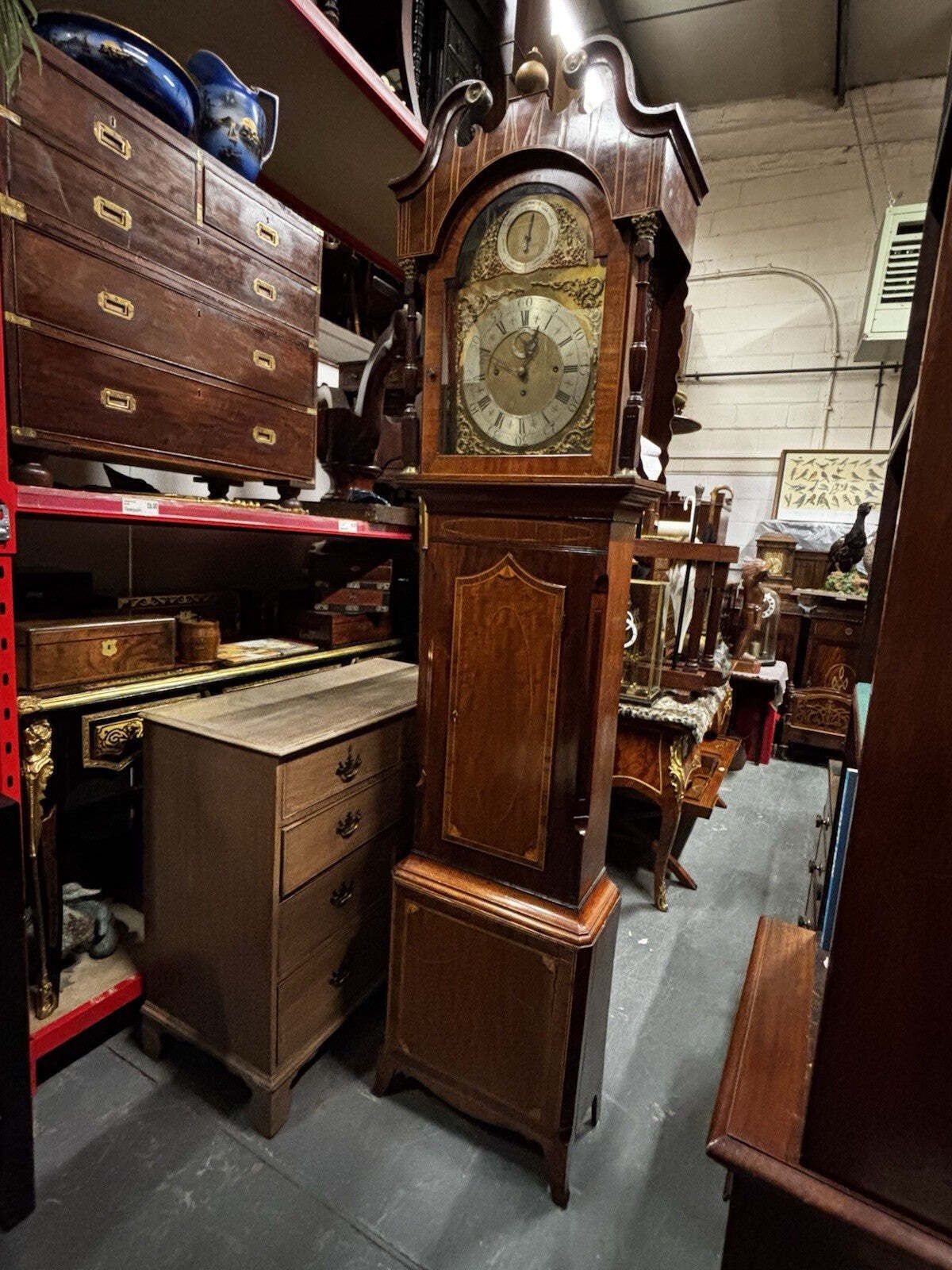 Home Decor Antique Marquetry Inlaid 3 Weight Musical Longcase Clock, Brass Dial, Superb. photo
