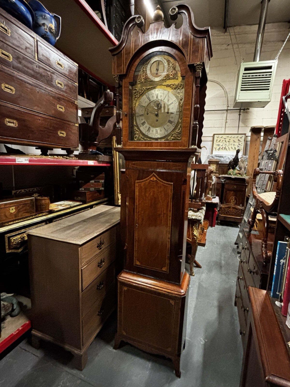 1422.0 Antique Marquetry Inlaid 3 Weight Musical Longcase Clock, Brass Dial, Superb. photo
