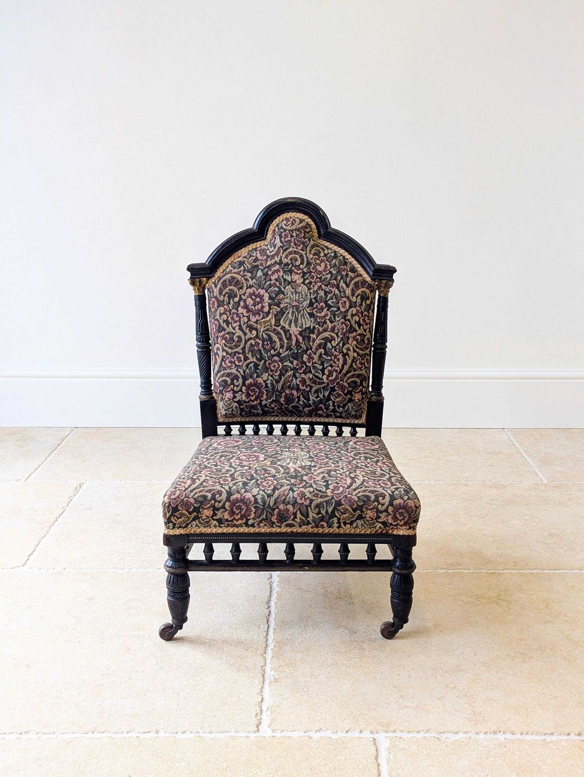 Antique Victorian Ebonised Upholstered Low Chair C.1890 photo for sale