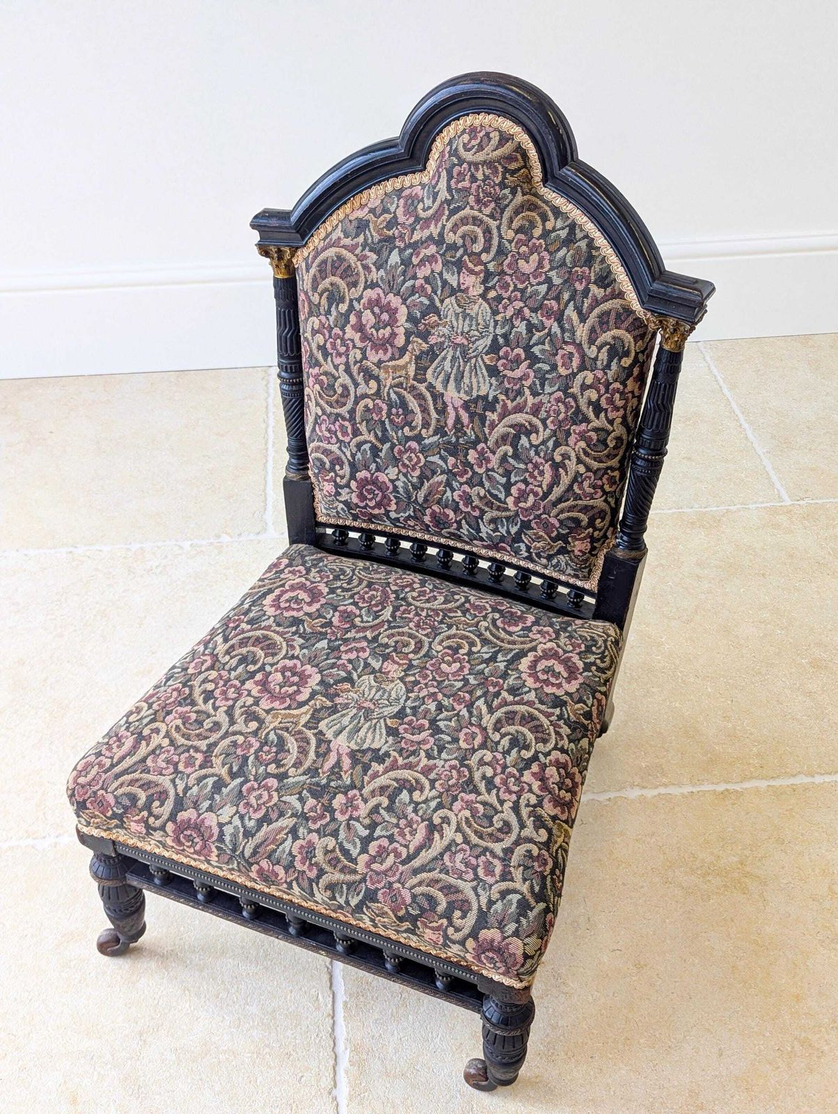 Antique Victorian Ebonised Upholstered Low Chair C.1890 photo vinterior